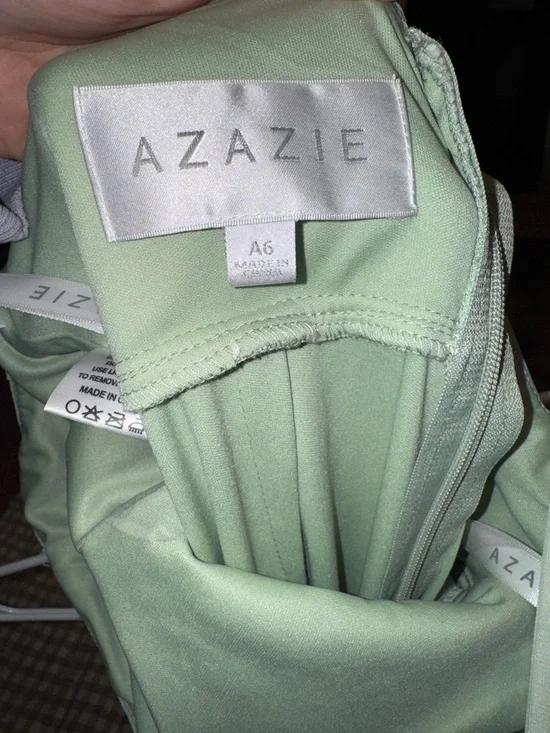 Azazie Dusty Sage Dress Long Ruched Lace Formal Gown - Size 6 - Picture 4 of 5